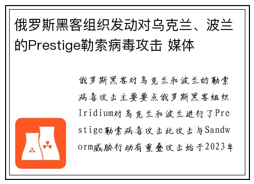 俄罗斯黑客组织发动对乌克兰、波兰的Prestige勒索病毒攻击 媒体